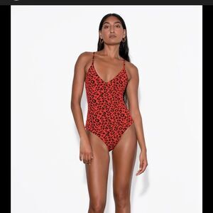 Mara Hoffman Emma One Piece Swimsuit Black/Red Leopard Jacquard sz XS